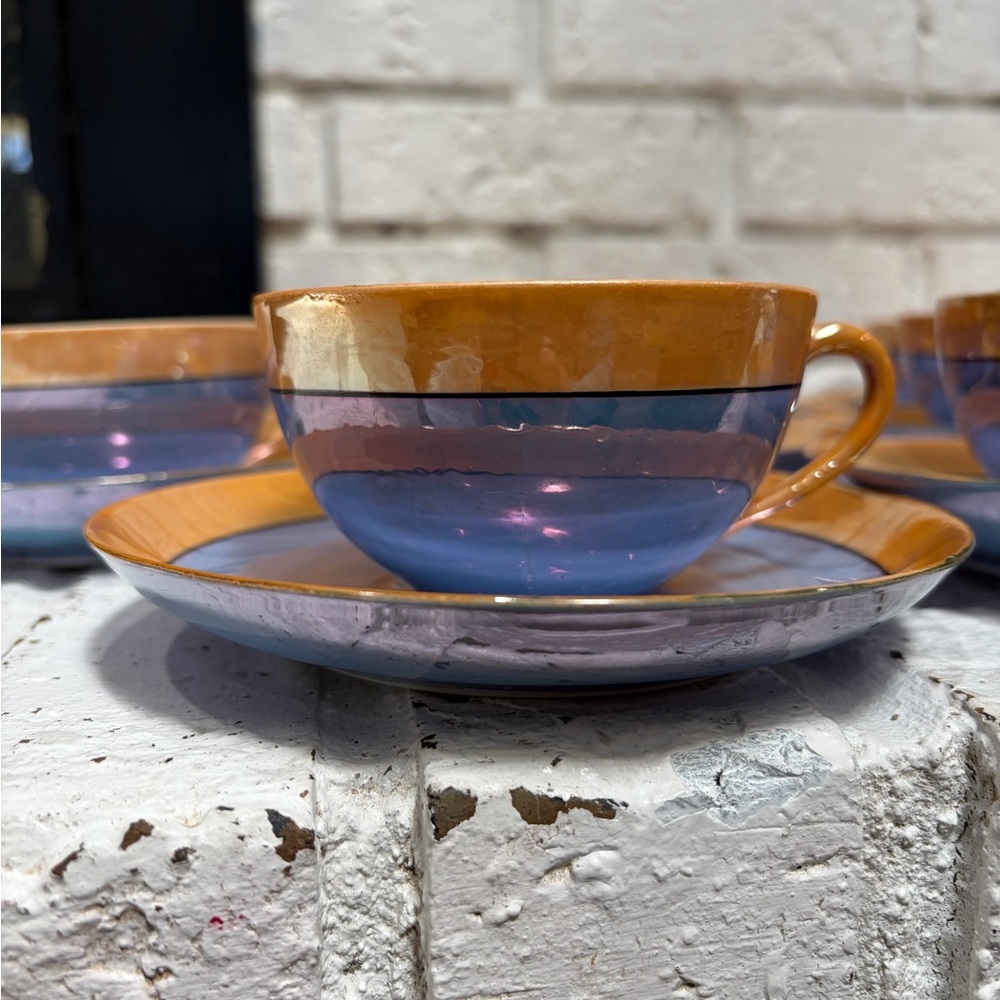 10 Vintage Meito China Hand painted Iridescent blue porcelain tea cups w/Saucers